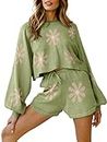 Ekouaer Women's Lounge Set Floral Knit Long Sleeve Top and Shorts Pullover Nightwear Lounge Pajama Set with Pockets Floral Green L