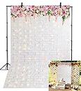 BINQOO 5x7ft Spring Theme Photography Backdrop Glitter White Brick Wall Flowers Background for Valentine Mother's Day Wedding Bridal Baby Shower Birthday Party
