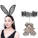 Conjunto de disfraz de conejito para mujer diadema con orejas de conejo gargantilla de encaje guantes de punto fiesta de Halloween accesorios para el cabello diarios