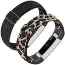 Adjustable Elastic Nylon Bands Compatible with Fitbit Alta and Alta HR Fitness Tracker, 2 Pack Braided Stretchy Wristband Accessory Bracelet Watch Strap Sport Replacement Band for Women Men (Wavy Black / Dark Leopard)