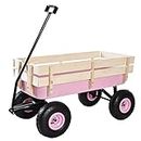 Outdoor Sport Wagon Tools cart Wooden Side Panels air Tires Wagon (Pink)