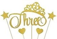 SVM CRAFT Three Cake Topper-Gold Glitter Happy 3rd Birthday Cake Topper, Hello 3, Cheers to 3 Years Old Cake Decoration, Young Wild & Three, 3rd Wedding Anniversary Party Decorations