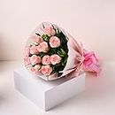 Floweraura Pink Fresh Live Roses With Non Woven Paper Flowers Bouquet Valentine'S Day Gift's For Girlfriend Boyfriend Wife & Husband And Mother'S Day Anniversary(Set Of 6 Pink) (Same Day Delivery)