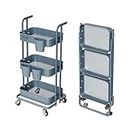 Merapi 3 Tier Foldable Rolling Cart, Metal Utility Cart with Wheels, 3 Hanging Cups and 6 Hooks, Folding Trolley for Living Room, Kitchen, Bathroom, Bedroom and Office, Blue