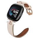 Leather Band Compatible with Fitbit Versa 4/Sense 2 Bands for Women, Dressy Slim Leather Strap Wristband Compatible with Fitbit Sense/Versa 3 luxurious Metal Buckle (Beige/Rose Gold)