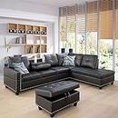 UBGO Faux Leather, Modern L-Shaped Modular Upholstered 6 Seaters Sectional Sofa Couch W/2 Cup Holders & Storage Ottoman, Living Room Furniture Set for Small Apartment, Black-b