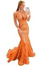 V Neck Sequin Prom Dress Long Mermaid Evening Gown Sparkly Evening Dresses for Women Orange Size 0