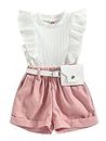 ZZLBUF Infant Toddler Baby Girl Clothes Ruffle Sleeveless Ribbed T-shirt Tops Pant Shorts Set Summer 2 Piece Outfits (White Pink, 2-3 Years)