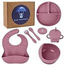 Baby Feeding Silicone Set, Weaning Kit with Suction Plate, Bowl, Adjustable Bib, Utensils Set - Perfect for Infant & Toddler Mealtime, Non-Slip Dishware, BPA-Free, Easy Clean (Pink)