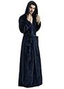 Luxurious Long Hooded Robe for Women Men Fleece Full Length Bathrobe with Hood Winter Warm Housecoat Sleepwear (Navy Blue, Men-M (Women-XL))