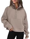 AUTOMET Half Zip Sweatshirts Cropped Hoodies Fleece Womens Quarter Zip Up Pullover Sweaters Fall Outfits 2023 Winter Clothes, Coffeegrey, Medium