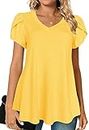 Afibi Womens Summer V Neck Loose Dressy Shirts Petal Short Sleeve Tunic Tops (Medium, Yellow)