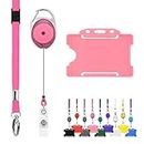 Retractable Lanyard and Badge Holder Trio Triple Pack by LanyardsTomorrow - Set Includes A Single Plain Lanyard, Extendable Carabiner Yoyo Reel Clip and Rigid ID Card Holder (Pink)