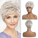 EMMOR Short Silver Grey Human Hair Wigs for Women Blend Pixie Cut Wig With Bang,Natural Daily Use Hair (Color 101#)