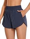 CRZ YOGA Women's High Waist Dolphin Running Shorts - 3'' Mesh Liner Quick Dry Athletic Gym Workout Shorts with Zipper Pocket Navy Large