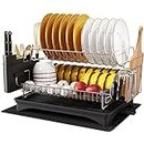 MAJALiS 304 Stainless Steel Dish Drying Rack, Large Dish Rack and Drainboard Set, 2 Tier Dish Drainers for Kitchen Counter with Cutting Board Holder, Cup Holders, Utensil Holder and Drying Mat