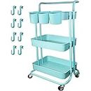 Piowio 3 Tier Utility Rolling Cart Multifunction Organizer Shelf Storage Cart with 3 Piece Cups and 8 Piece Hooks for Home Kitchen Bathroom Laundry Room Office Store etc. (Blue)