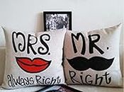 Mr Right Mrs Always Right 2pcs Coppia Regali nozze regali spesso di cotone lino cuscino di Von Der imballaggio stampa cuscino per divano auto stampato 45 x 45 cm kissenbezuge [Can i do best]