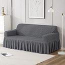 Cortina Elastic Stretchable Universal Sofa Cover with Skirt, Three Seater (180-260 Centimeters), Dark Grey