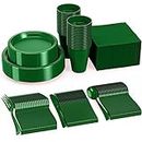350 PCS Disposable Tableware Combo Pack INCLUDES: 50 9" Green Plastic dinner plates | 50 7" plastic appetizer plates |50 plastic cups | 50 paper napkins | 50 plastic cutlery spoons forks & knives
