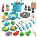 JokerKing 35Pcs Kids Kitchen Toy Accessories, Toddler Pretend Cooking Playset with Play Pots and Pans, Utensils Cookware Toys, Play Food Set, Toy Vegetables, Learning Gift for Girls Boys (Turquoise)