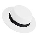 Classic Fedora Hat Flat Top Hat Felt Pork Pie Hat Wide Brim Church Derby Cap for Women and Men, White, Medium