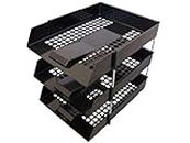 6 x BLACK PLASTIC FILING STORAGE LETTER TRAYS + 16 METAL RISERS RODS - DESK TIDY DOCUMENT PAPER FILING STACKING STACKER IN OUT - OFFICE SCHOOL COMMERCIAL STATIONERY SUPPLIES