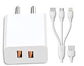 3 in 1 Dual Port Charger for Nokia Lumia 1020 Wall Charger Mobile Charger with 1.2m 3-in-1 Multi Functional Super Charging Cable Micro USB Android, iOS and Type-C USB Cable - (White, 4.8Amp, VNT.C1)