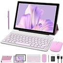 2 in 1 Tablet 10 Inch Android 12 OS Tableta, Tablets with Keyboard, Mouse, Case, Stylus, Tempered Film, 64GB ROM+4GB RAM, 8MP Dual Camera, Quad Core Processor, 6000mAh Battery, 10.1 in FHD Tab Pink
