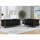 ATUMON 2 Piece Chesterfield Velvet Combination Sofa for Living Room,3-Seater and Loveseat Sofa Set Tufted Couch with 4 Pillows,Rolled Arms and Nailhead for Living Room, Bedroom, Office Black