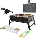 SK RAYAN Barbecue Grill with 10 Skewers,1 Blower, 2 Spatula | Foldable Charcoal Barbeque Grill | Outdoor bbq grill tools for Picnics Traveling Camping Hiking - Stellar Black, Free Standing"