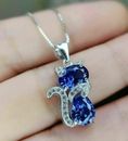 2.55Ct Oval Cut Simulated Blue Tanzanite Cat Charm Pendant 14k White Gold Plated