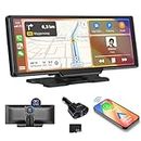 CAMECHO Wireless Apple Carplay Portable Car Stereo Android Auto, 9.3” HD Touchscreen CarPlay Screen, Portable Car Radio Support Bluetooth GPS Voice Control FM Dual Camera + 64G TF Card Car Charger