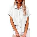 Solid Color Linen Casual Loose Shirt Short Sleeve for Women Comfortable Casual Button Down Shirt Office Work Blouse with Pocket (M,White)