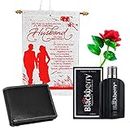 Saugat Traders Gifts for Husband on his Birthday - Birthday Scroll Card with Artificial Red Rose, Men's Wallet & Perfume