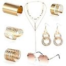 Suwimut 7 Pieces 70s Disco Accessories Costume Jewelry Set for Women, Rimless Diamond Cutting Sunglasses Gold Cuff Bangle Wire Metal Coil Bracelets Layered Choker Necklace Triple Swirl Disco Earrings,