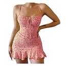 AMDOLE Vestido floral de verano a la moda con tirantes, vestido de espagueti, vestido floral para mujer, mini vestido de verano para mujer, rosa, XL