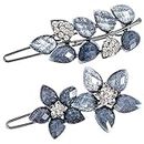 HINZIC 2Pcs 2inch Vintage Rhinestone Hair Clips Ink-Blue Sparkly Crystal Clips Flower Small Hair Barrettes Decorative Wedding Engagement Prom Valentines Hair Accessories for Women Girls Bride