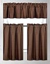 Elegant Home Collection 3 Piece Solid Color Faux Silk Blackout Kitchen Window Curtain Set with Tiers & Valance Solid Color Lined Thermal Blackout Drape Window Treatment #K3 Coffee / Brown / Chocolate)