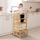 COSYLAND Height Adjustable Toddler Standing Tower Kitchen Step Stool - Kids Learning Stool，Kitchen Nursery Helper Stand with Safety Rail in Natural Bamboo, Strong and Lightweight, Natural