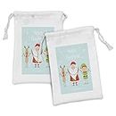 Ambesonne Elf Fabric Pouch Set of 2, Santa with Little Reindeer and a Boy Holding Ornaments Merry Christmas, Small Drawstring Bag for Toiletries Masks and Favors, 9" x 6", Pale Blue and Multicolor