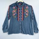 Avani Del Amour Embroidered Shirt Women Lg Blue Floral Boho Roll Sleeve Chambray
