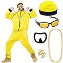90s Rapper Celebrity Costume for Adults, 90s Fancy Dress Accessories Kit with Yellow & Black Shell Suit, Hat, Sunglasses, Black Goatee, Gold Chain and Ring Hip Hop Outfit for Halloween Stag Do Party