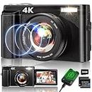 4K Digital Camera for Photography, 48MP Auto-Focus Vlogging Camera for YouTube, 16X Digital Zoom/ 3" 180° Flip Screen/Anti Shake/Flash with SD Card, Compact HD Camera (2 Batteries & Battery Charger)