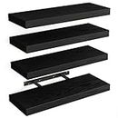 Fixwal 15.8in Floating Shelves, Rustic Wood Finish Wall Shelves Set of 4, Shelves for Wall Decor, with Invisible Brackets for Bathroom, Living Room,Bedroom and Kitchen(Black)