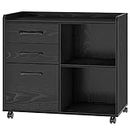 Rolanstar File Cabinet 3-Drawers, Mobile Lateral Filing Cabinet, Printer Stand with Open Storage Shelf, Rolling Filing Cabinet with Wheels for Letter Size,Black