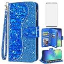 Asuwish Phone Case for Samsung Galaxy S10 Plus Wallet Cover with Screen Protector and Wrist Strap Bling Glitter Flip Zipper Card Holder Slot Cell S10+ S10plus 10S Edge S 10 10plus Women Girls Blue