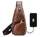Elios Men's PU Leather Multipurpose Daypack Shoulder Sling Bag Chest Crossbody Shoulder Chest Travel Bag with USB Charging Port Black