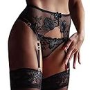 ROSVAJFY Women Sexy Lace Suspender Garter Belt,See-Through Mesh Lingerie Suspenders Belt High Waisted Panty Thong 4 Metal Buckles for Thigh High Hold up Stockings Tights 4 Clips Straps