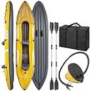COSTWAY 2 Person Inflatable Kayak, Portable Sit in Canoe with Removable Seats, Aluminum Oars, Foot Pump and Carry Bag, Blow up Kayak Set for River Lake Islands